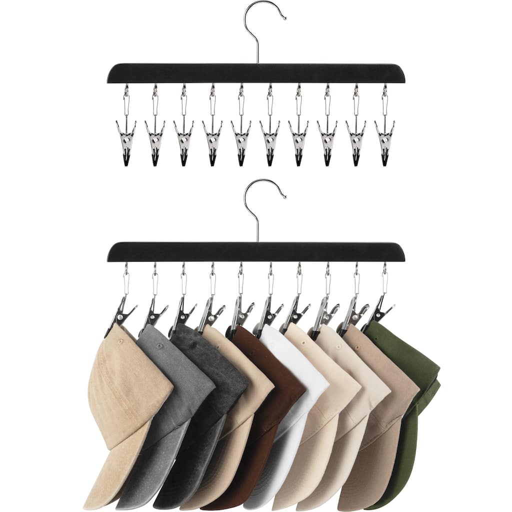 2 Pack Hat Organizer for Closet, Cap Storage Rack with 10 Adjustable Stainless Steel Clips - 14"D x 7.5"W x 1.25"H