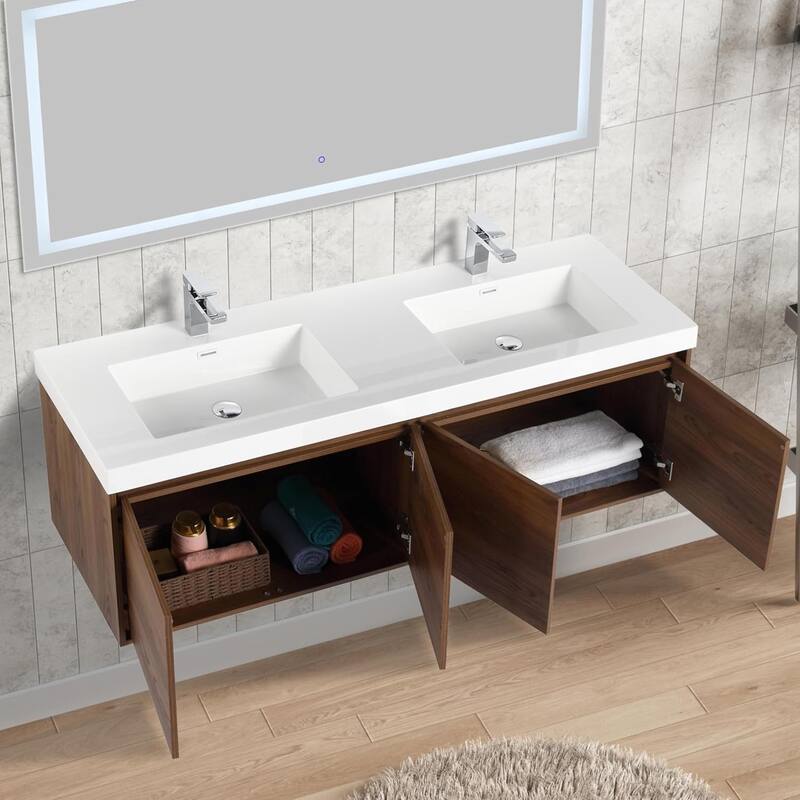 Blossom 60" Wall Mount Vanity with Double Acrylic Sink, Modern Design