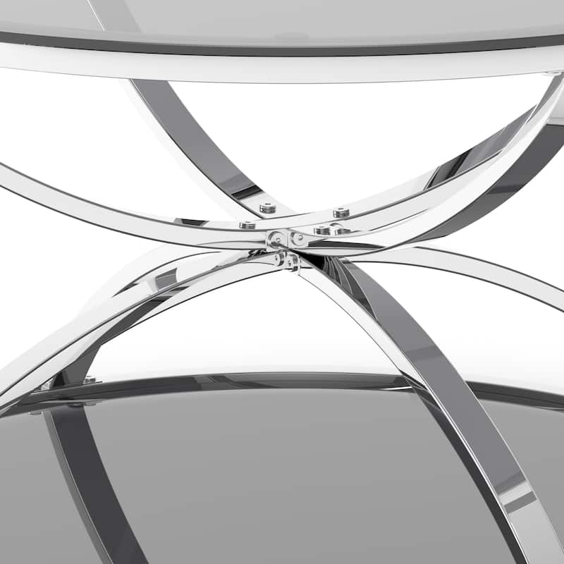 31.50"Modern Glass Coffee Table with 2 Tiers, Ring-Shaped Frames, Chrome Finish and Gray Tempered Glass, Round Coffee Table