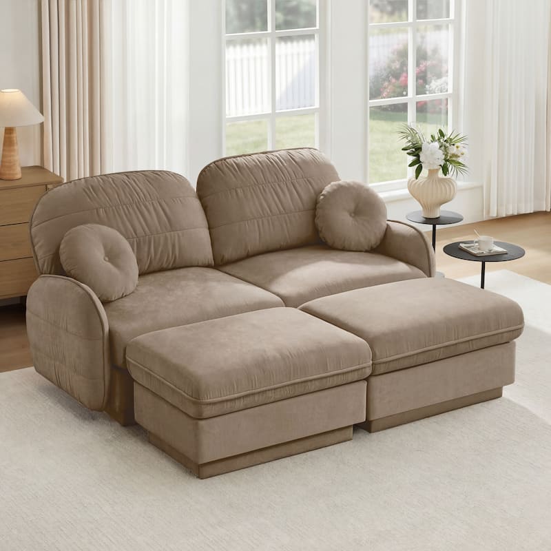 GDFStudio Sylvie Ashworth Chenille Cloud U-Shaped Loveseat Sofa with Movable Ottomans, Deep Seat - Light Coffee