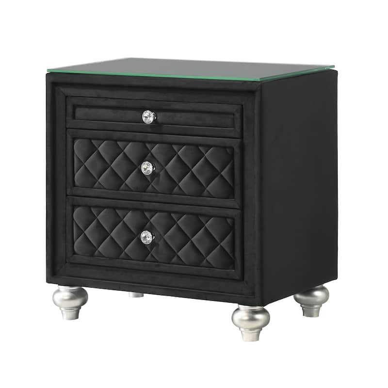 1pc Traditional Glam 3-Drawer Nightstand Velvet Tufted Drawer Front Jewelry Tray Faux Crystal Drawer Knobs Black