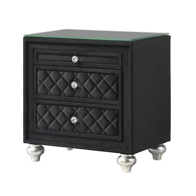 1pc Traditional Glam 3-Drawer Nightstand Velvet Tufted Drawer Front Jewelry Tray Faux Crystal Drawer Knobs Black