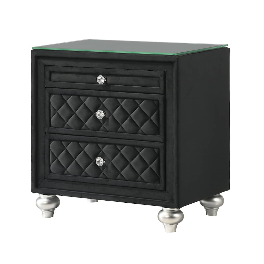 1pc Traditional Glam 3-Drawer Nightstand Velvet Tufted Drawer Front Jewelry Tray Faux Crystal Drawer Knobs Black