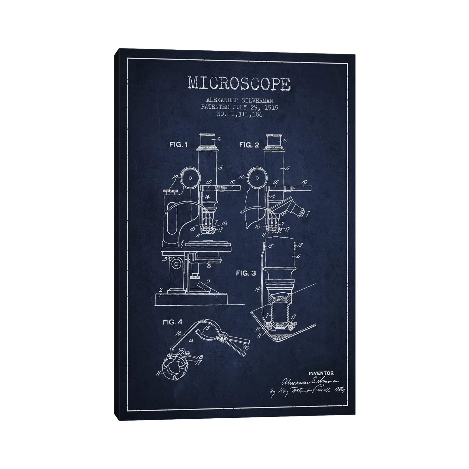 iCanvas "Microscope Navy Blue Patent Blueprint" by Aged Pixel Canvas Print