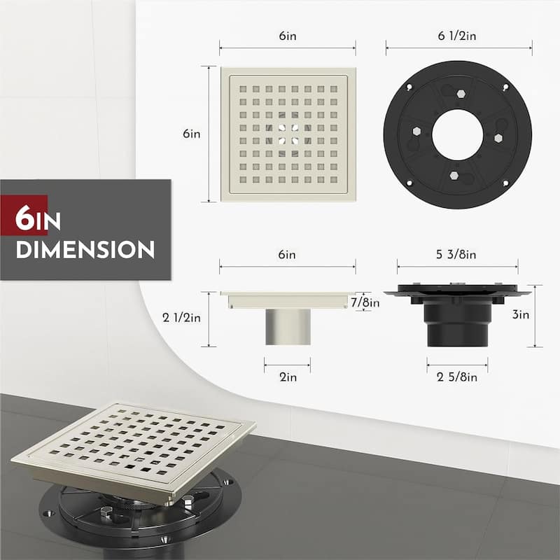 6-Inch Square Shower Floor Drain, Quadrato Pattern Grate - 6 inch