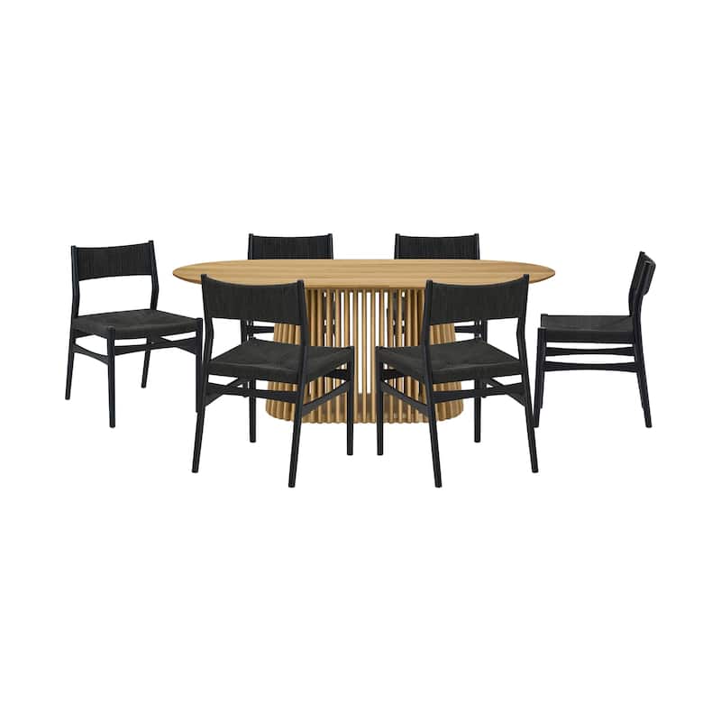 Pasadena Danish Solid Wood Oval 7 Piece Dining Table Set with Paper Cord Chairs