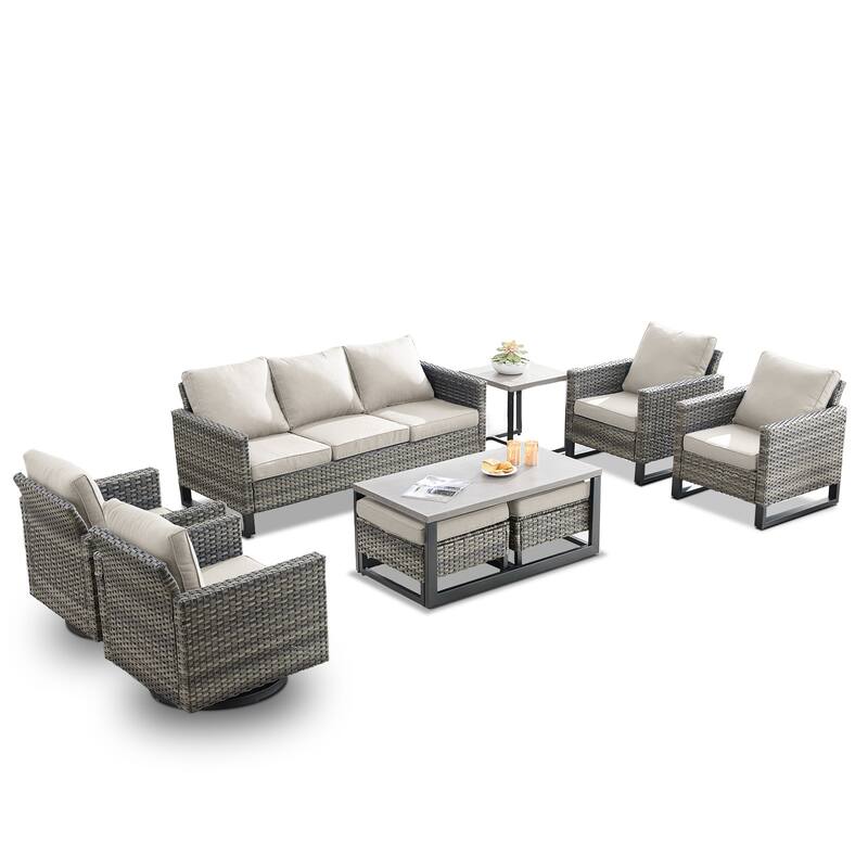 Gymojoy PE Wicker Sofa Rocking Chair Ottoman Set of 9 Weather-resistance
