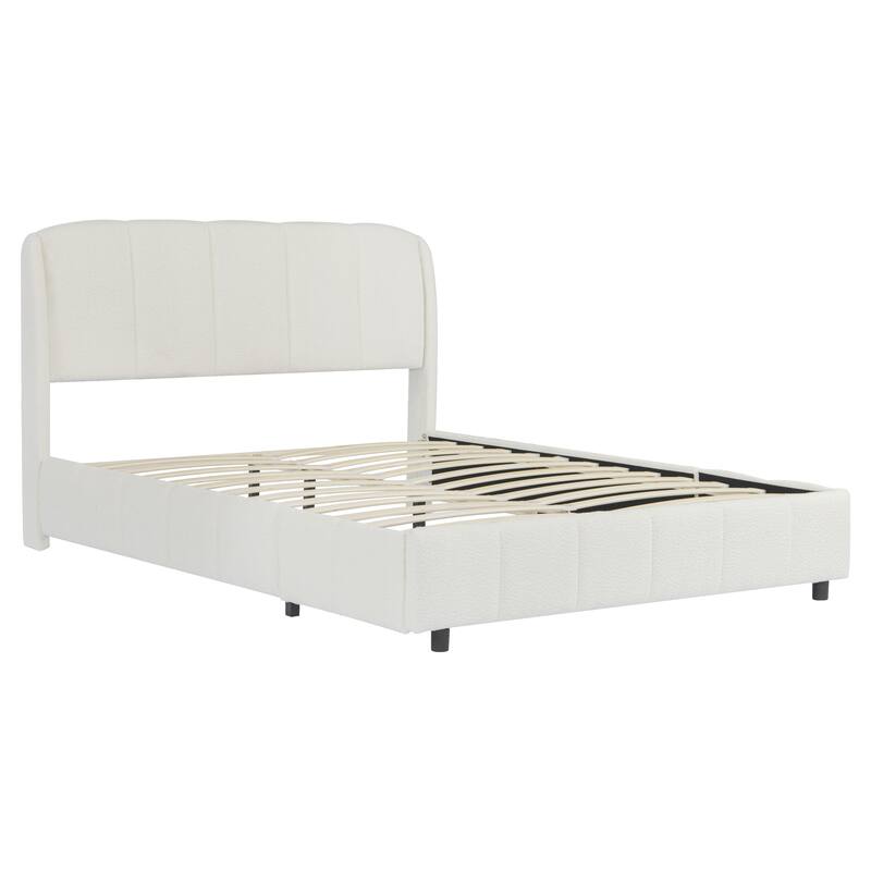 Queen Boucle Fabric Platform Bed, Soft Curved Headboard, Beige Finish, Simple Setup