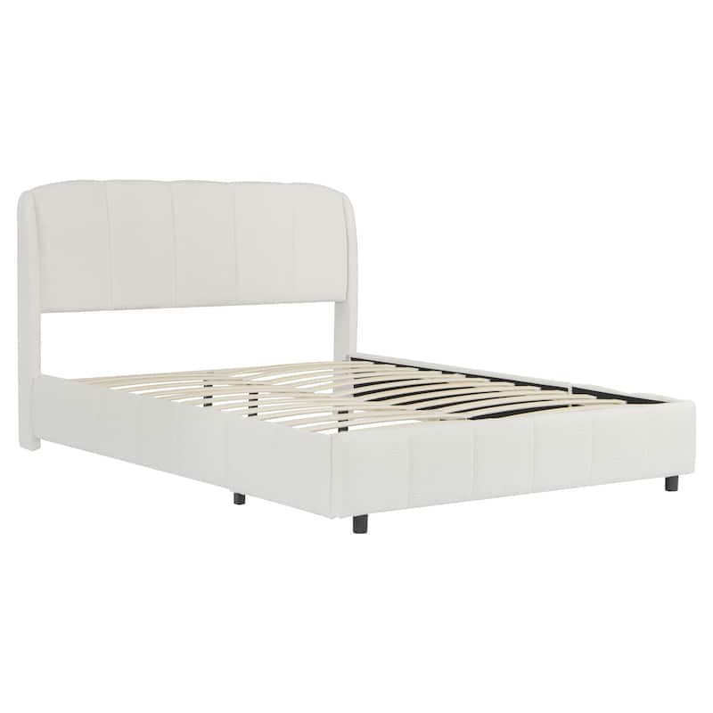 Soft Fluffy Boucle Fabric Upholstered Low Profile Bed Curveshaped Thick Headboard Wingback Bed, Queen Beige Platform Bed Frame