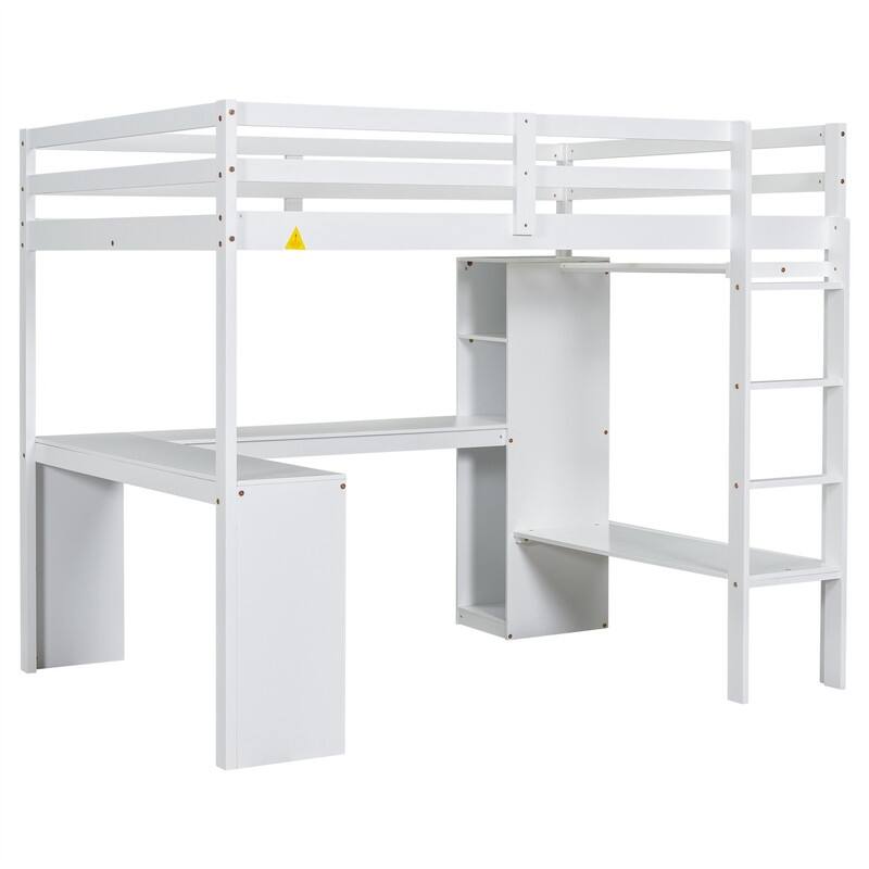 Solid Wood Loft Bed with Bulit-in L-Shaped Desk, Wardrobe and Hanging Rod, Twin/Full Size Loft Bedframe with Storage Shelves