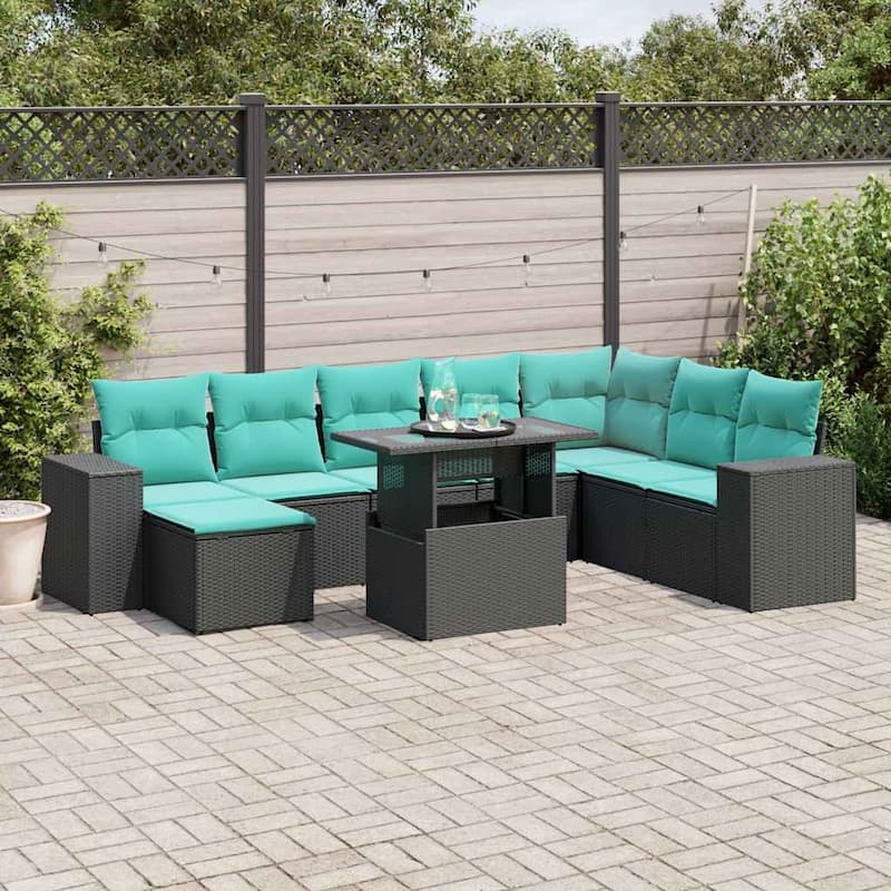 vidaXL Patio Sofa Set with Cushions Table and Couches 9 Piece Poly Rattan - 24.4" x 24.4" x 27.2" - Black without storage