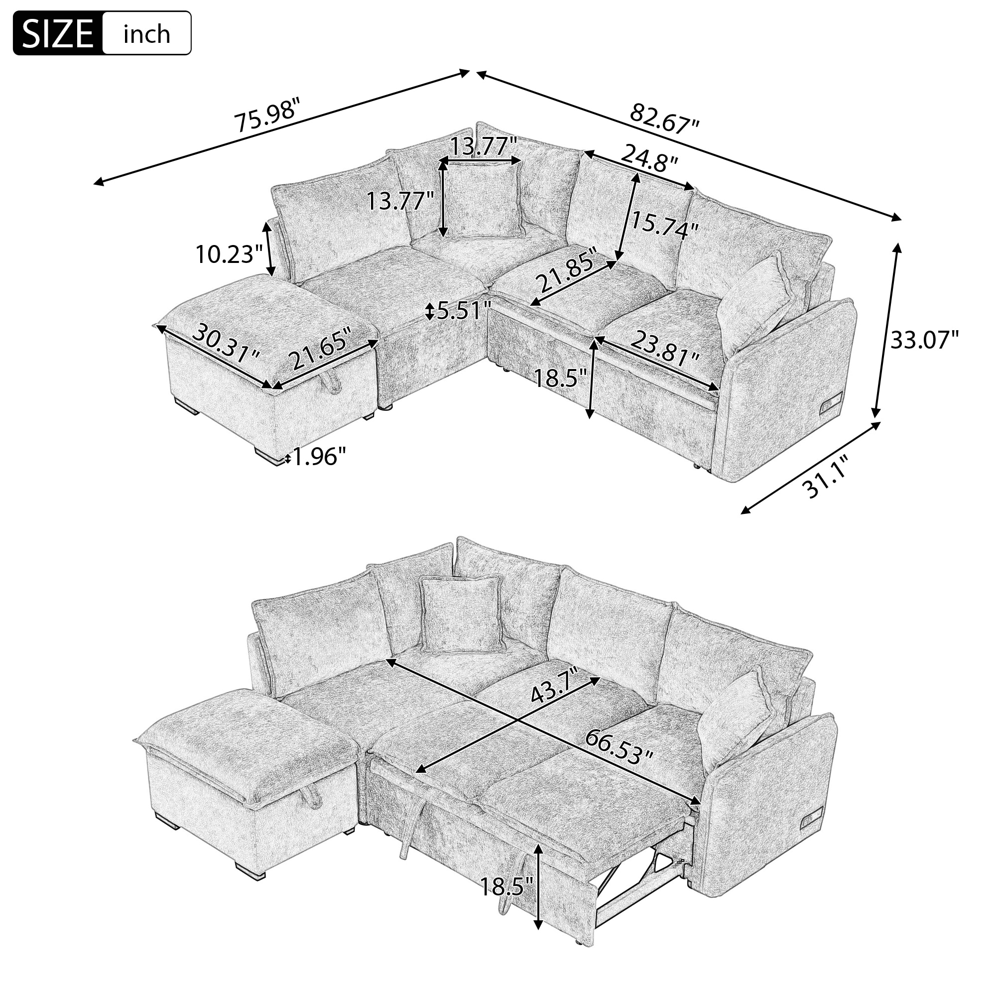 Convertible Sleeper Sofa Bed with Storage Ottoman, L-Shaped Sectional Sofa with 2 Pillows, 2 Power Sockets & 2 USB Ports