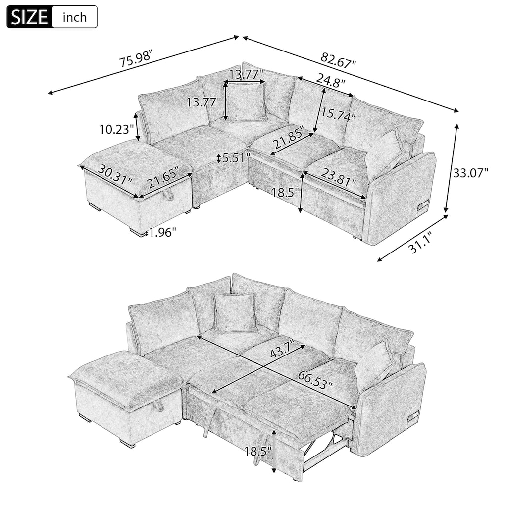 Convertible Sleeper Sofa Bed with Storage Ottoman, L-Shaped Sectional Sofa with 2 Pillows, 2 Power Sockets & 2 USB Ports