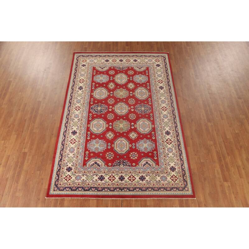 Kazak Oriental Area Rug Hand-Knotted Geometric Red Wool Carpet - 6'6"x 9'10"