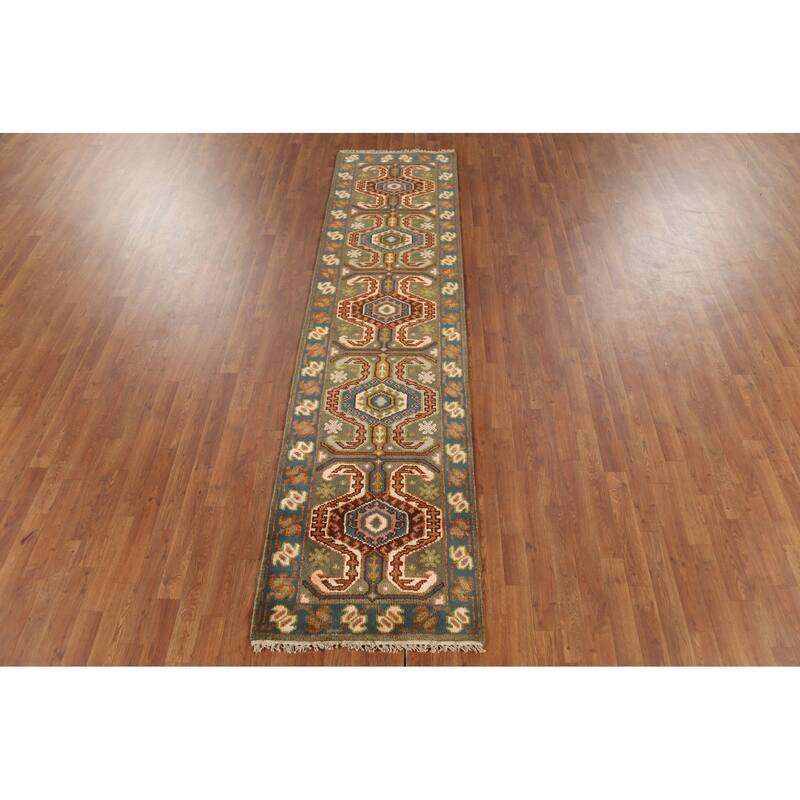 Green Geometric Kazak Runner Rug Hand-Knotted Traditional Wool Carpet - 2'8"x 9'8"