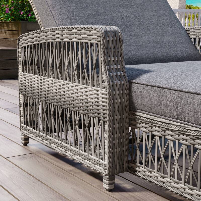 2 Pieces Long Reclining Chaise, Outdoor Wicker Lounge with Armrests, Patio Adjustable Recliner with Soft Removable Cushions