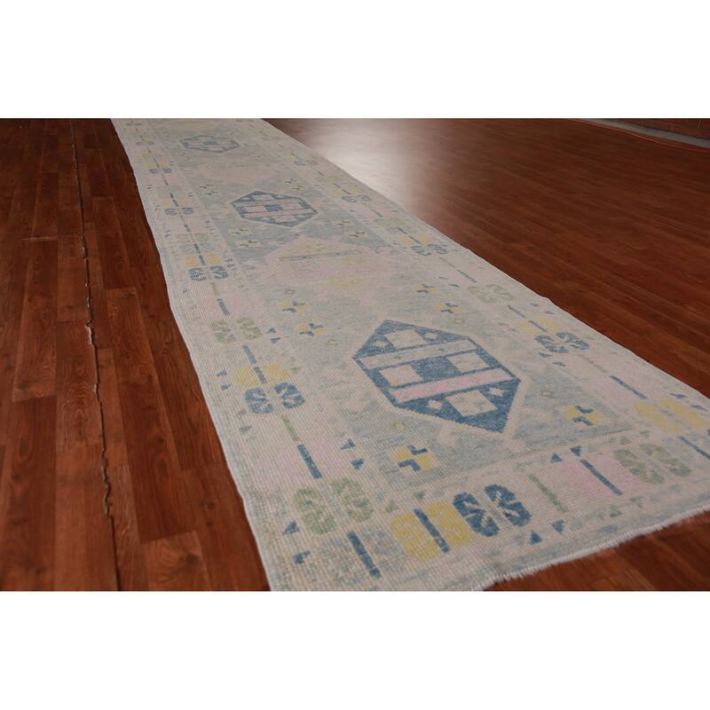 Hand Knotted Oriental 100% Wool Carpet Transitional Geometric Navy Blue & Blues Oushak Runner Rug - 17' 8'' X 3' 3''