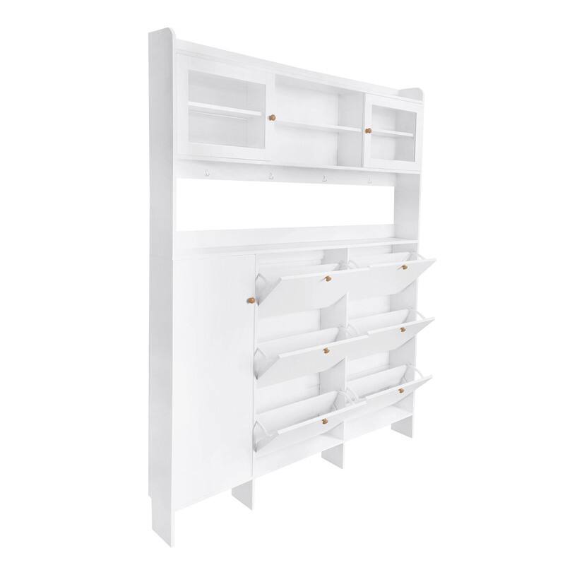 Multifunctional Large Hall Tree with Tempered Glass Doors,Storage Shelf,6 Flip Shoe Drawers and 4 Hooks