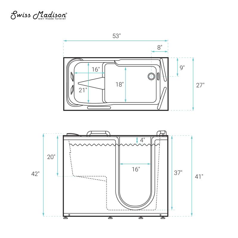 Auvergne 53" X 27" Ada Right Drain Walk-In Soaking Bathtub In White with Faucet Set, Drain, Grab Bars, Pillow - 53