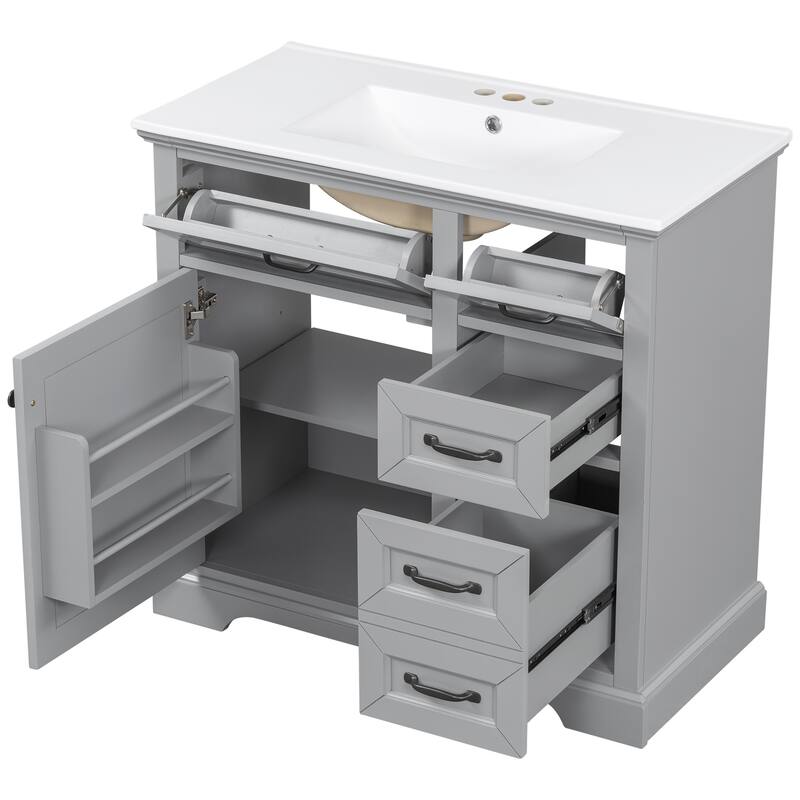 36" Bathroom Vanity with Sink, Ceramic Sink, 2 Tip-out Drawers, Soft Close Door Hinges