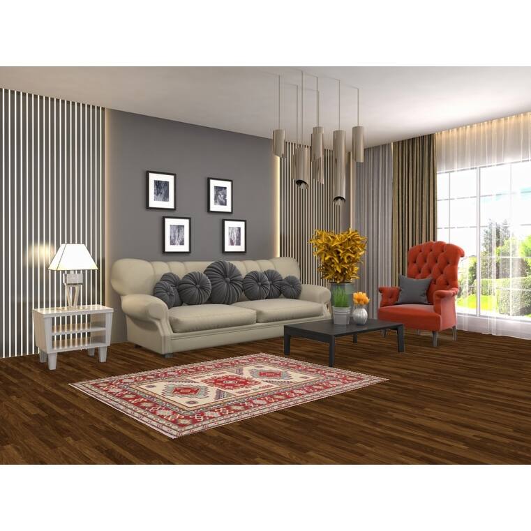 Beige / Ivory Kazak Accent Rug Hand-Knotted Geometric Wool Carpet - 3'11" x 4'11"