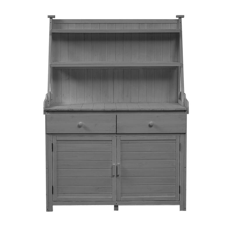 Garden Potting Bench Table, Fir Wood Workstation with Storage Shelf, Drawer and Cabinet - Grey