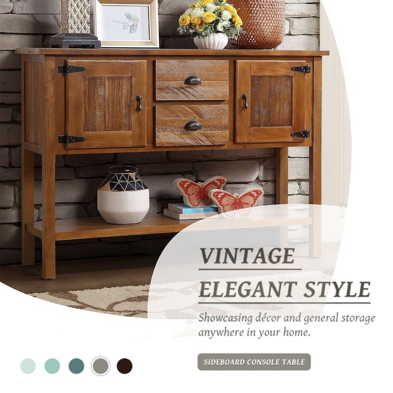 48'' Solid Wood Sideboard Console Table with 2 Drawers and Cabinets and Bottom Shelf - Brown