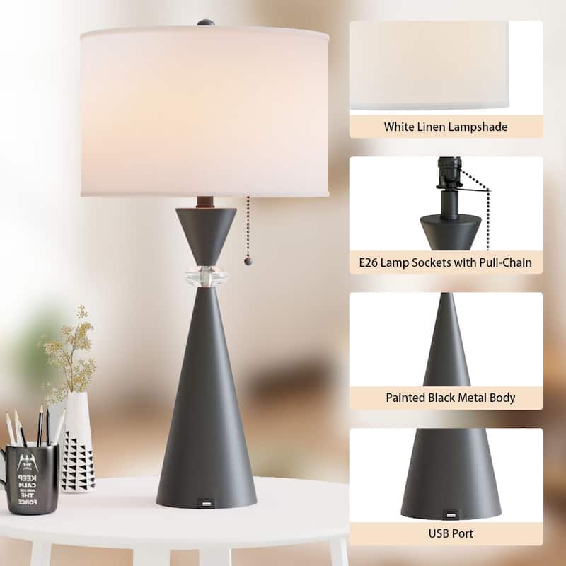 Maxax 28.25" Nickel Table Lamp Set with USB (Set of 2)