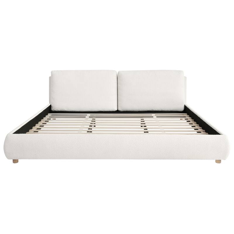Boucle Fabric Upholstered Platform Bed with Two Removable Pillow Headboard
