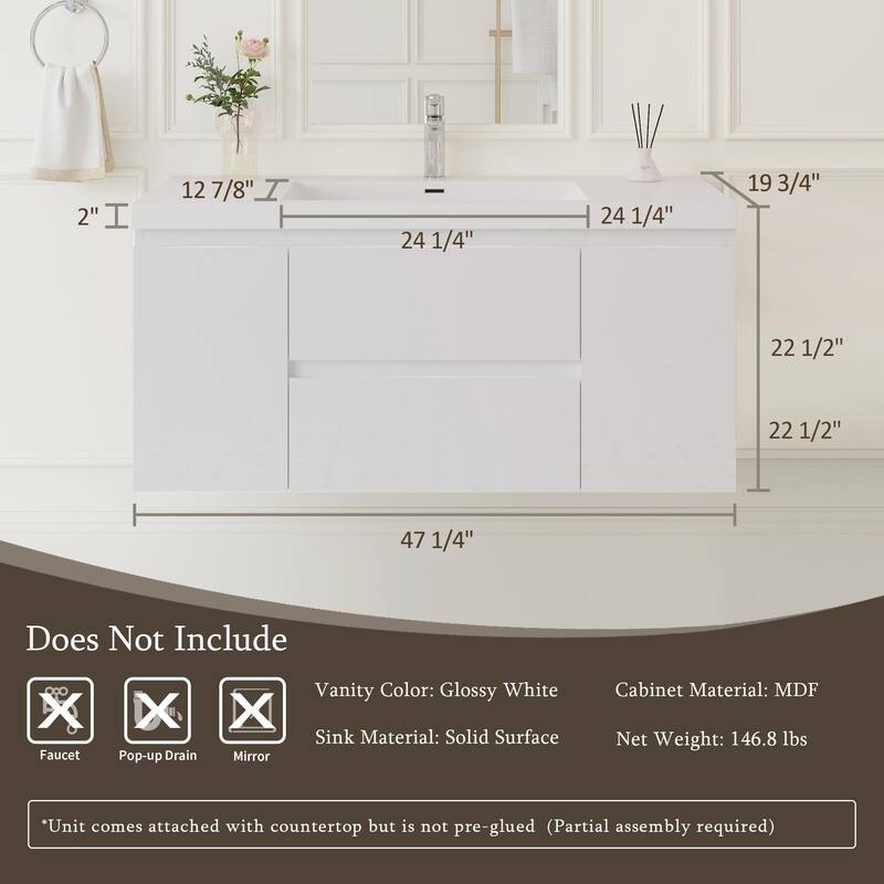 Modern Wall-Mounted Bathroom Vanity with White Solid Surface Top