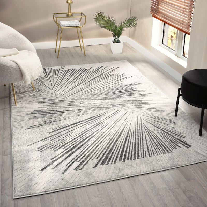 Mila Collection Geometric Dark Grey with Gold and White ContemporaryArea Rug