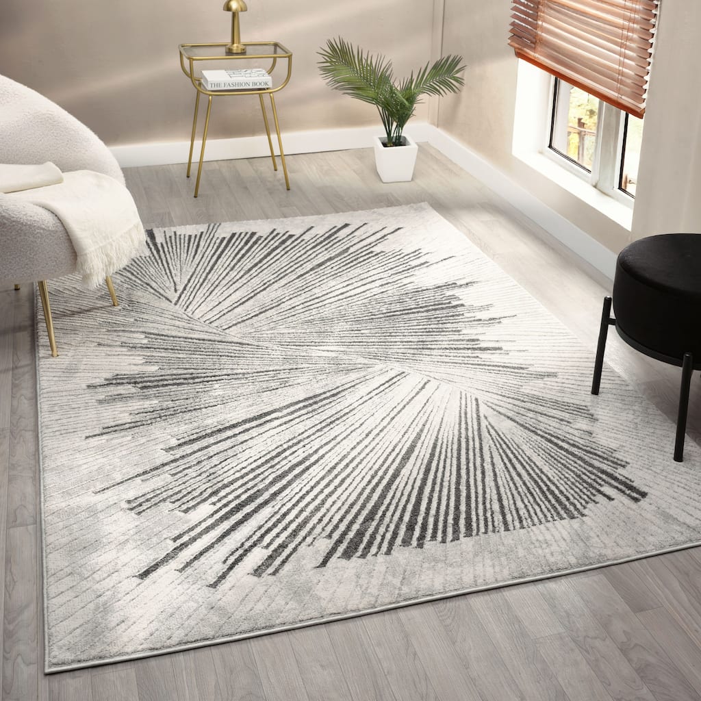 Mila Collection Geometric Dark Grey with Gold and White ContemporaryArea Rug