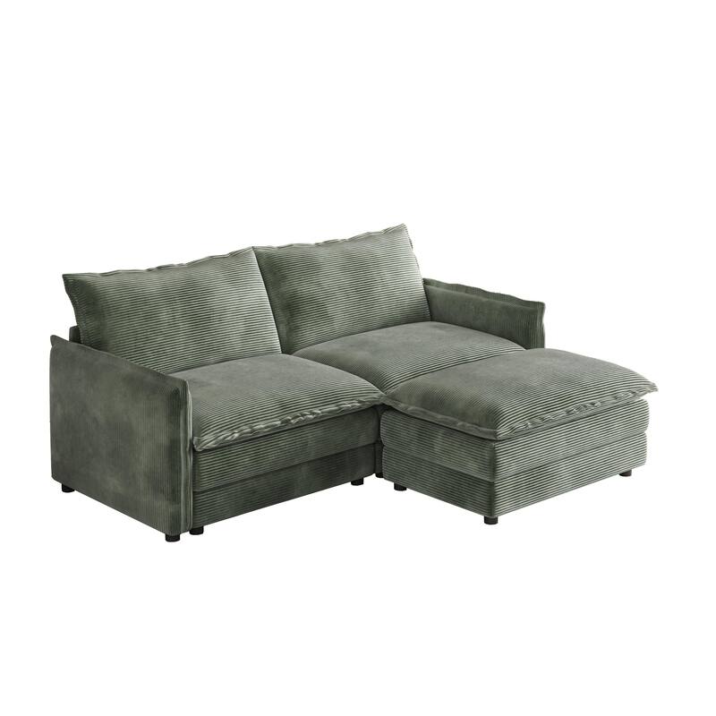 Deep Seating L-shaped Sectional Sofa with Chaise Lounge Modular Sofa Corduroy Upholstered Loveseat with Ottoman and Pillows