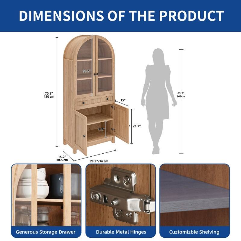 Moasis 71" Tall Farmhouse Arched Kitchen Pantry with Large Drawers And Adjustable Shelves
