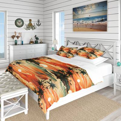 Designart "Orange Seashore Sunset Coastal Pattern" Abstract bedding set with shams