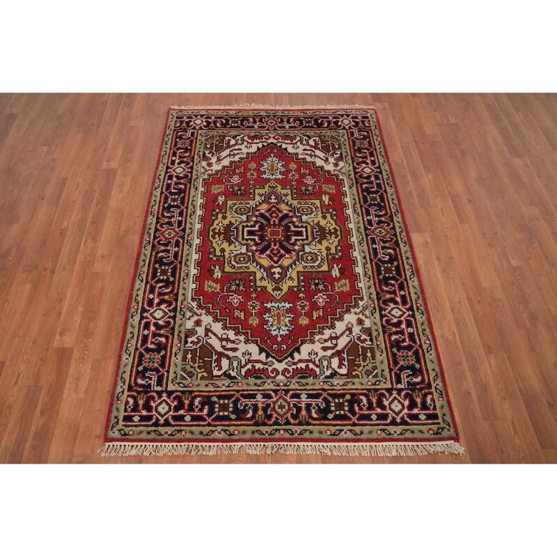Hand Knotted Oriental 100% Wool Carpet Traditional Medallion Oranges & Rust Heriz (serapi) Area Rug - 5' 11'' X 4' 0''