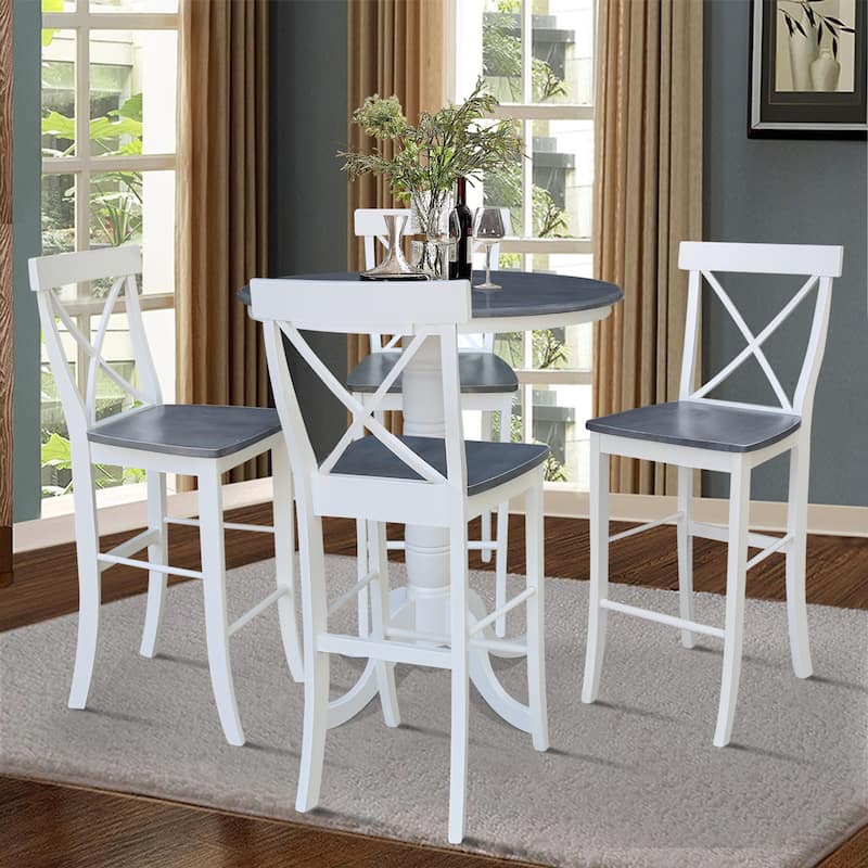 36 in Solid Wood Round Pedestal Gathering Height Dining Table with 4 X-back Bar Height Stools