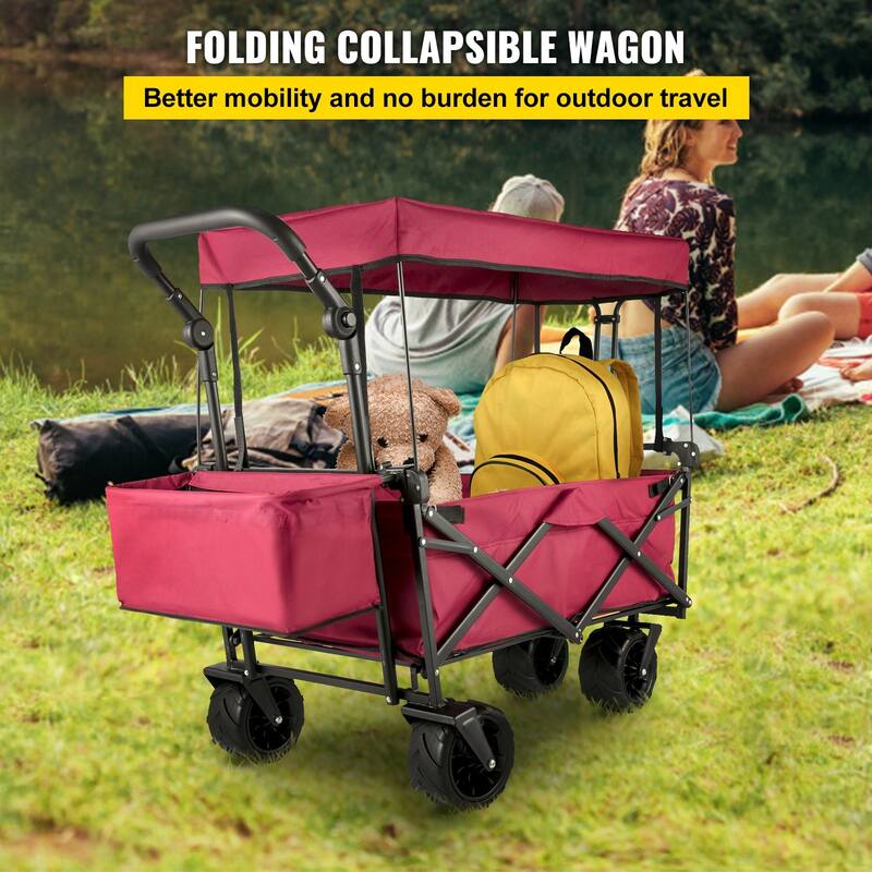 Steel 600D Oxford Folding Wagon 220lbs Cart w/ Canopy & Wheels - 39"x21.4"x39"