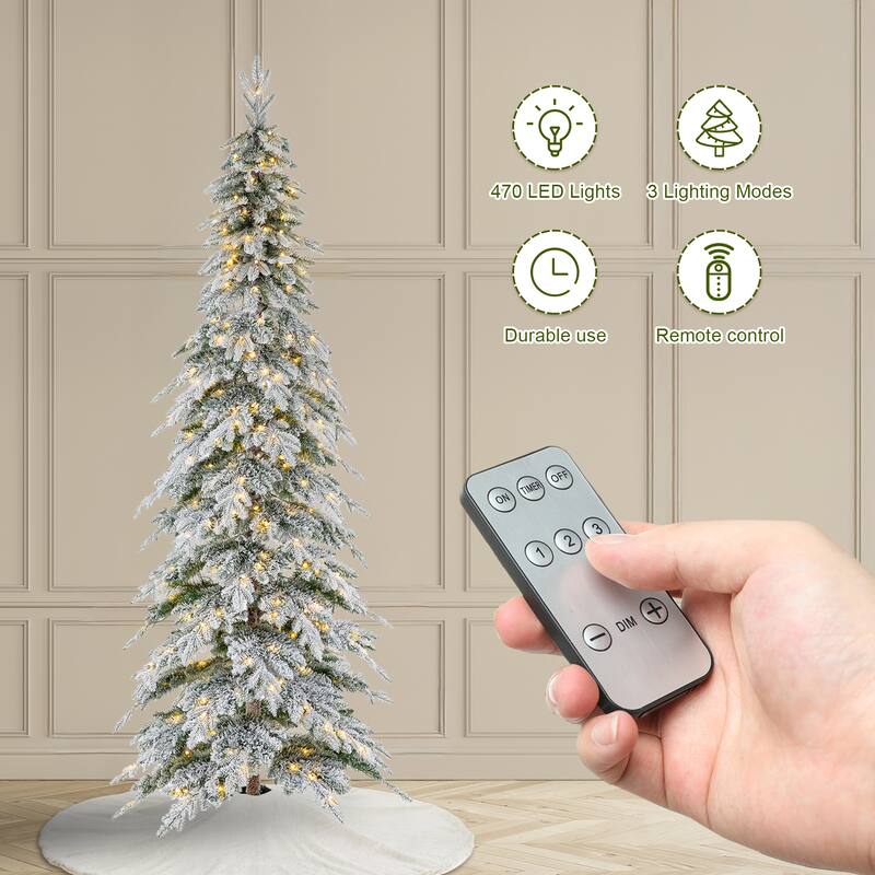 Glitzhome Pre-Lit Flocked Pencil Spruce Artificial Christmas Tree with Warm White Lights