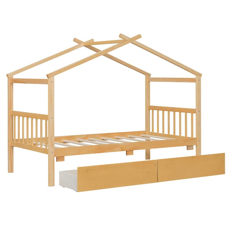 Twin Size Wooden House Bed with Drawers, 79.5"L x 41.5"W x 63.1"H, Natural