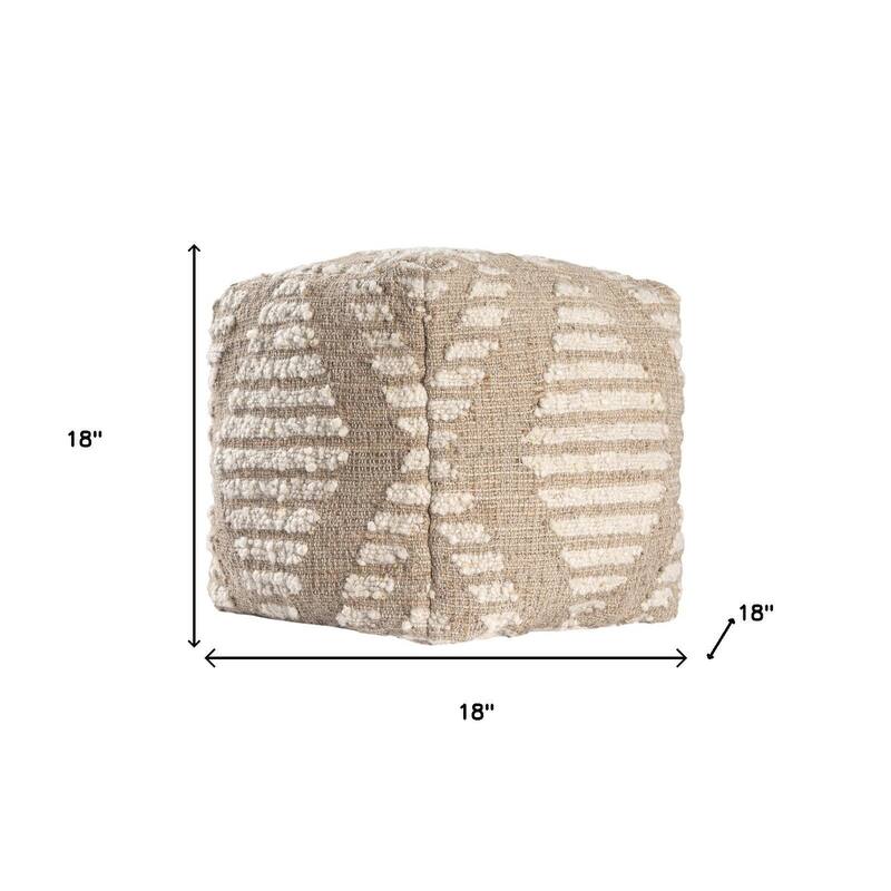HomeRoots 18" Ivory and Natural Cotton Jute And Wool Geometric Cube Pouf Ottoman