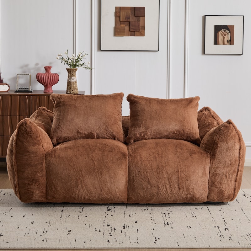 Giant Lazy Bean Bag Couch Chair Ultra Soft Fluffy Loveseat Sofa Chaise Lounge Indoor Cozy Faux Fur Reading Chair with Pillows - Brown