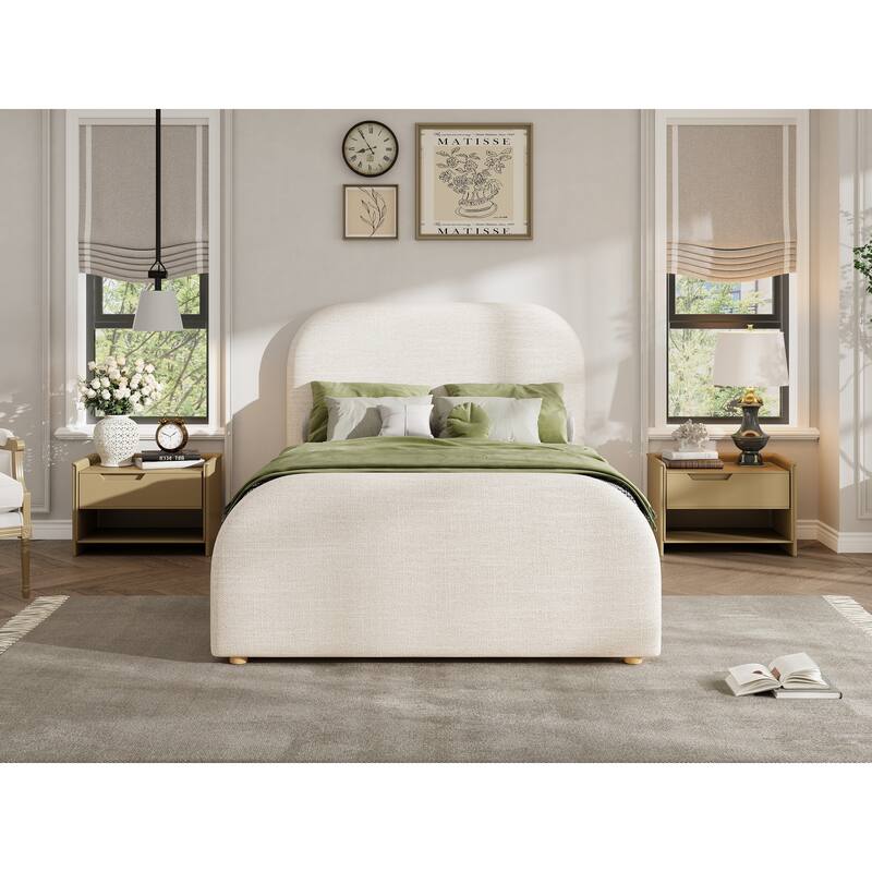 Twin Size Bed Frame with Linen Upholstered Headboard, Solid Wood Legs, Beige