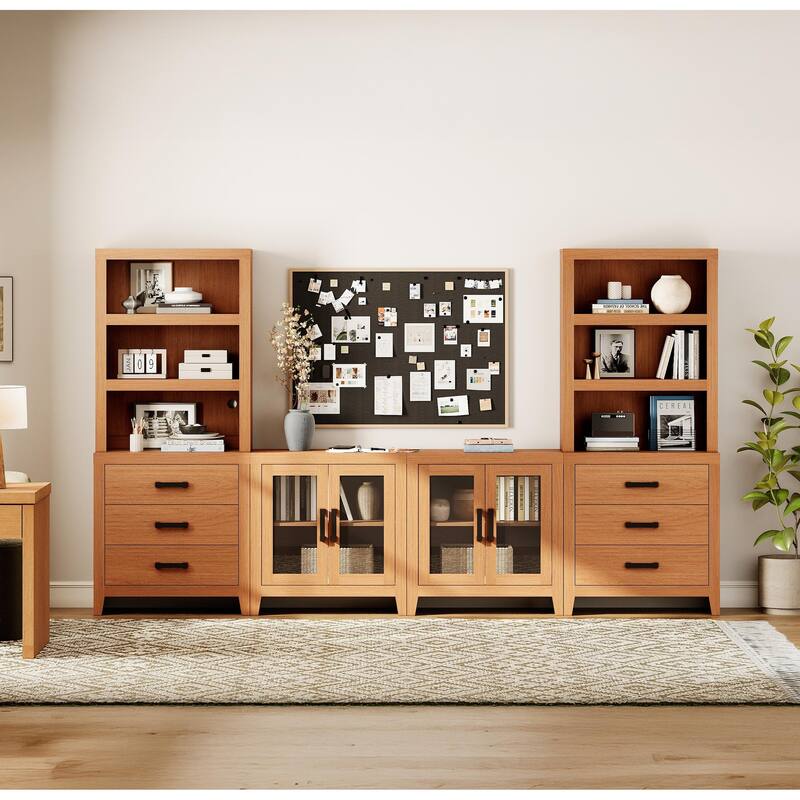 WAMPAT Farmhouse Entertainment Center with Bookshelves, Modular TV Stand with Drawers & Glass Doors - 126"W x 72.2"H x 15.4"D
