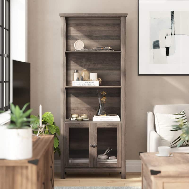 Modern Farmhouse Bookcase with Open Shelving and Glass Door Cabinet - Gray Wash