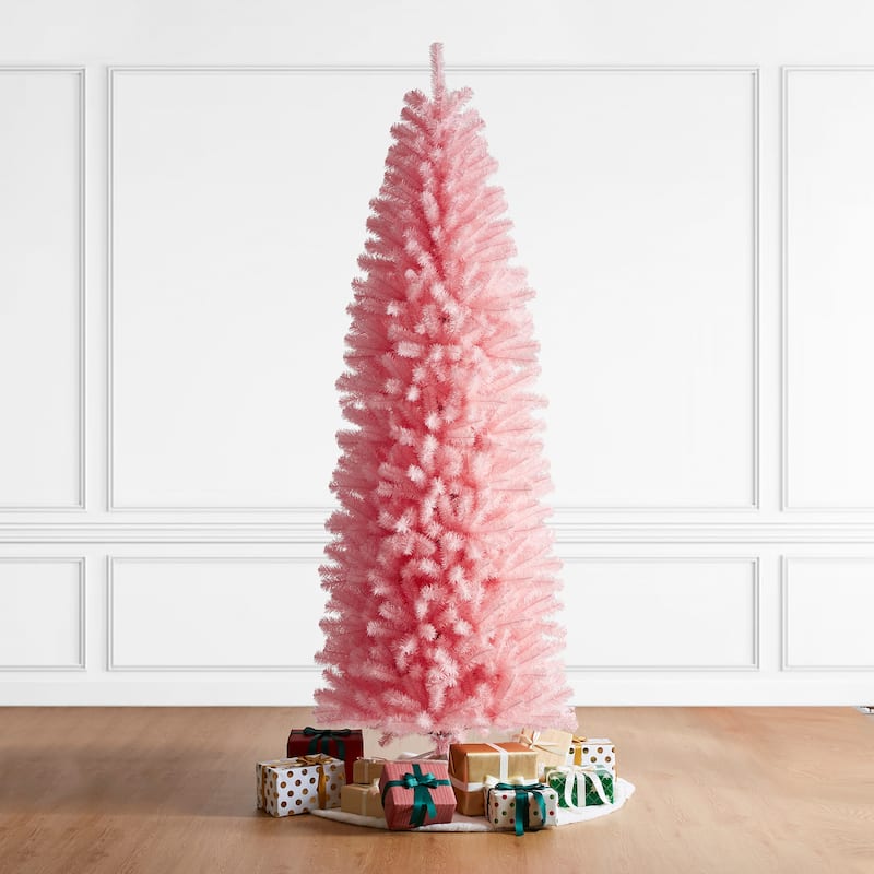 Glitzhome 7.5ft/9ft Shimmering Tinsel Pink Slim Pencil Fir Artificial Christmas Trees