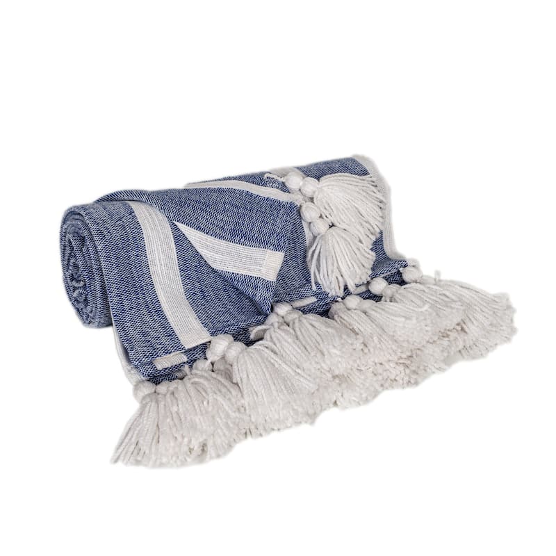HomeRoots 50" X 60" Blue and White Woven Cotton Striped Throw Blanket with Tassels