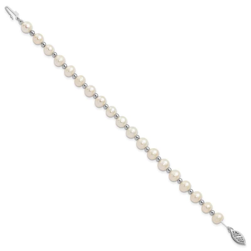 Curata 14k White Gold Pearl clasp Bead and 6 7mm White Freshwater Cultured Pearl Bracelet 7 Inch