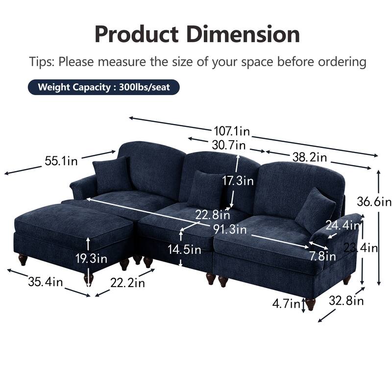 GDFStudio - Mid Century Chenille L-Shaped 3-Seater 107.1" Modular Sectional Sofa with Ottoman