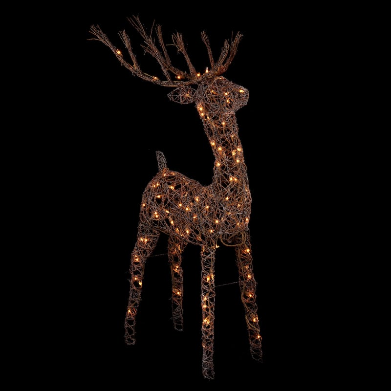 Alpine Corporation 35"H Outdoor Rattan Holiday Reindeer Lawn Decoration with White Lights , Christmas Decoration